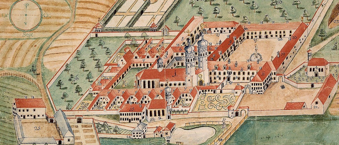 Vogelschauansicht Kloster Karthaus-Pruell 1784 (Bibliothek Kloster Einsiedeln)